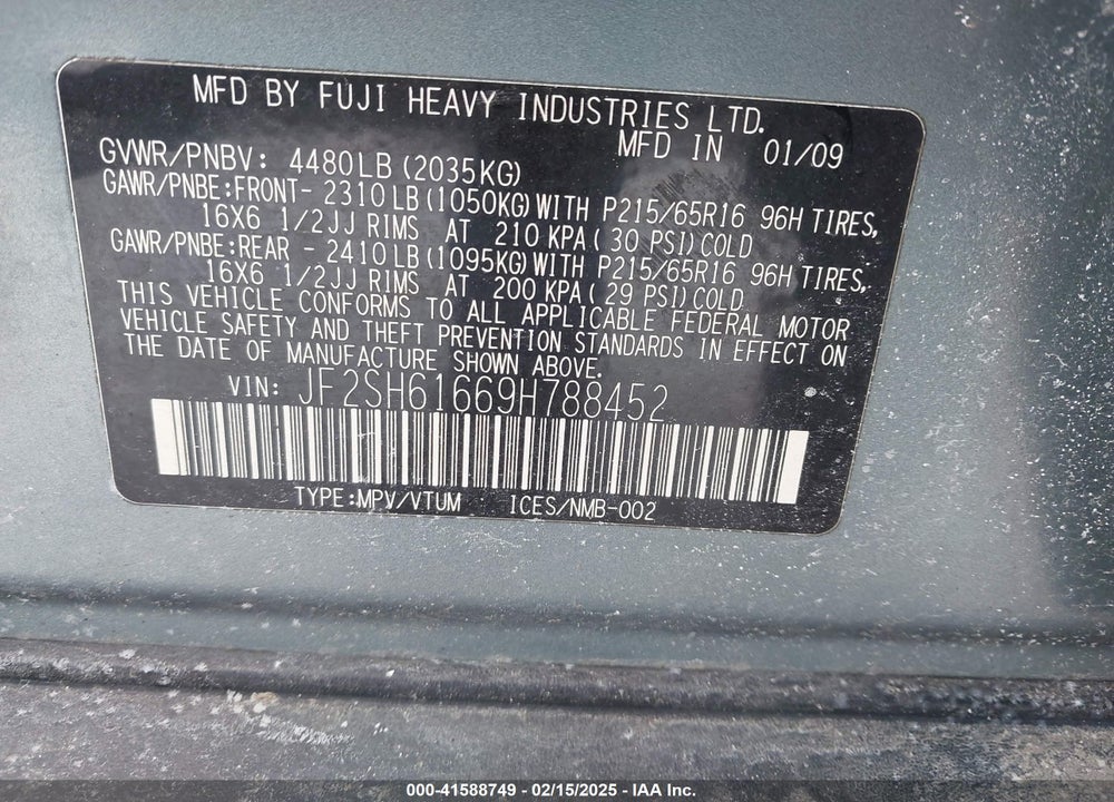 2009 SUBARU FORESTER 2.5X VIN: JF2SH61669H788452