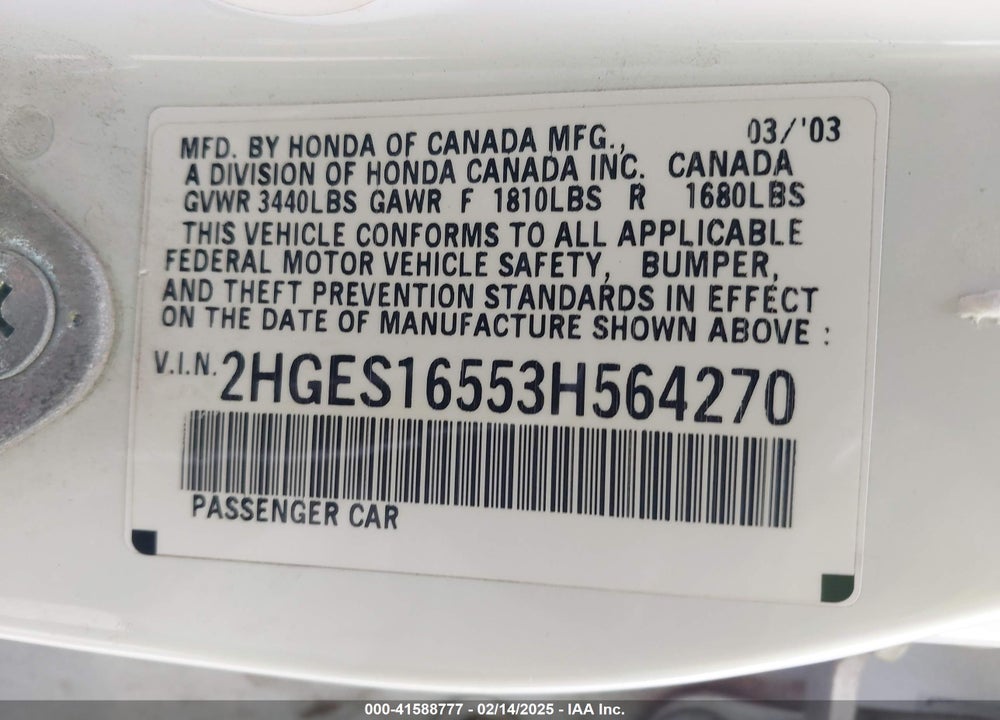 2003 HONDA CIVIC LX VIN: 2HGES16553H564270