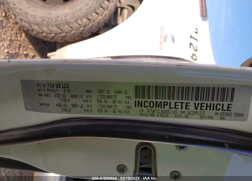 2019 RAM 3500 CHASSIS TRADESMAN/SLT/LAIE/LIMITED VIN: 3C7WRTCL5KG551145