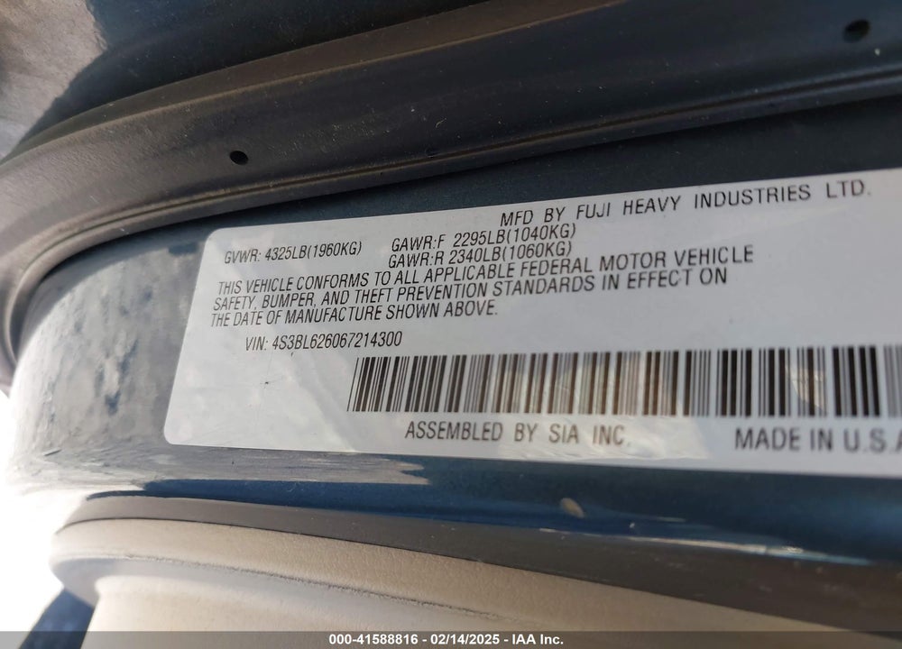 2006 SUBARU LEGACY VIN: 4S3BL626067214300