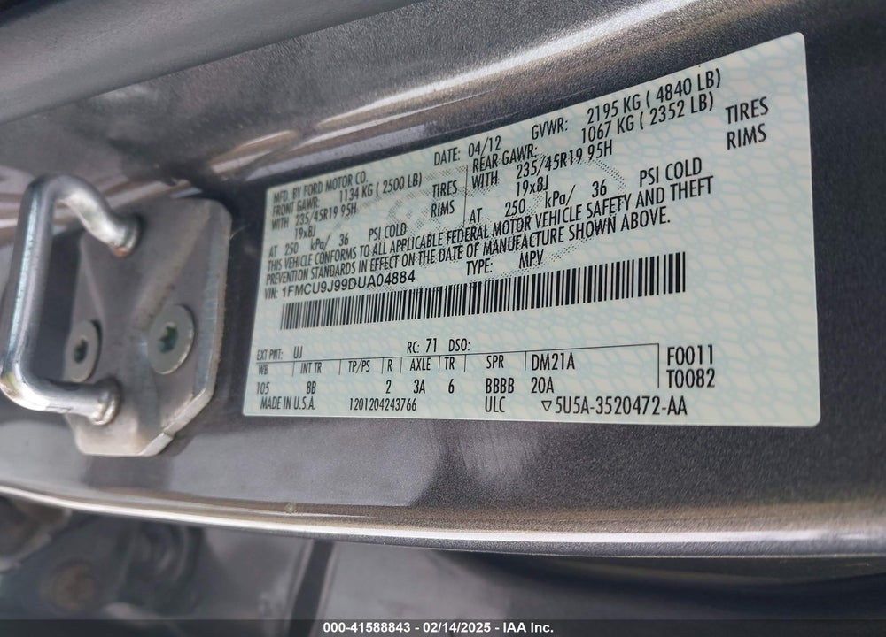 2013 FORD ESCAPE TITANIUM VIN: 1FMCU9J99DUA04884