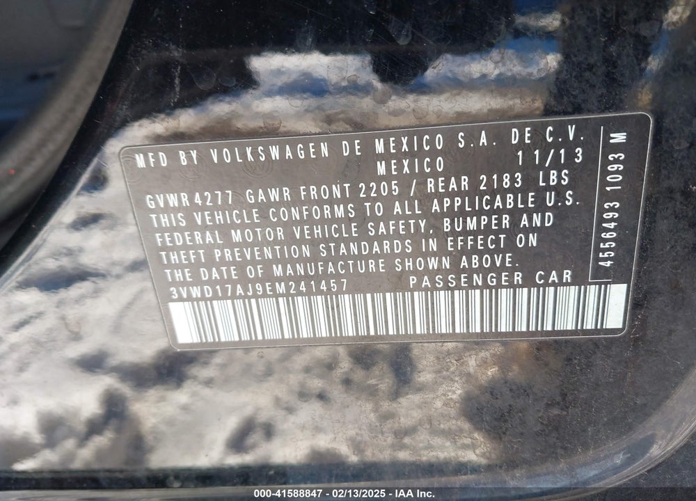 2014 VOLKSWAGEN JETTA VIN: 3VWD17AJ9EM241457