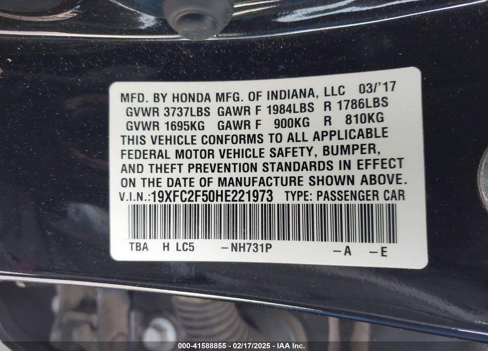 2017 HONDA CIVIC VIN: 19XFC2F50HE221973