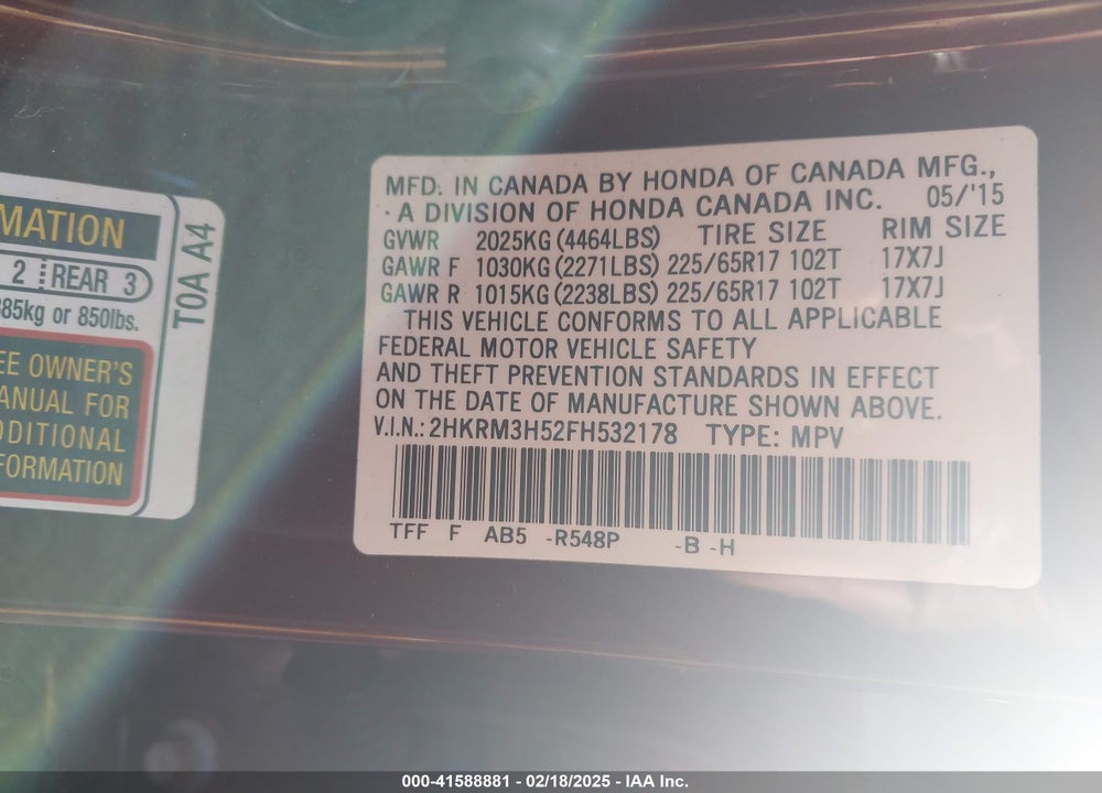 2015 HONDA CR-V VIN: 2HKRM3H52FH532178