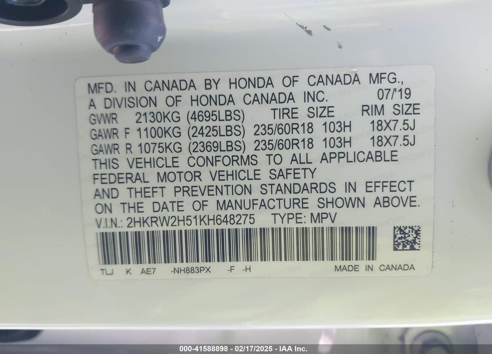 2019 HONDA CR-V EX VIN: 2HKRW2H51KH648275