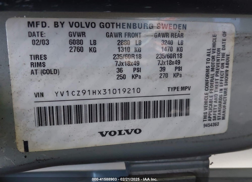 2003 VOLVO XC90 T6 VIN: YV1CZ91HX31019210