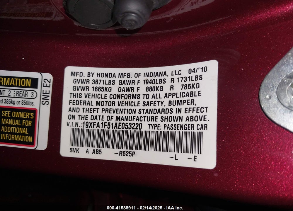 2010 HONDA CIVIC VIN: 19XFA1F51AE053220