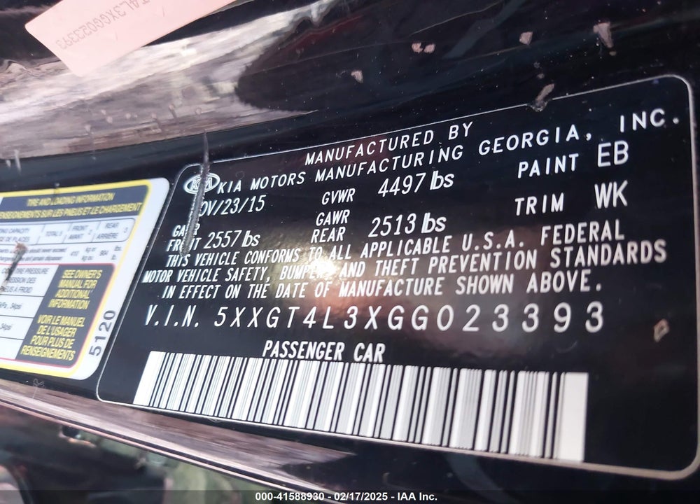 2016 KIA OPTIMA LX VIN: 5XXGT4L3XGG023393