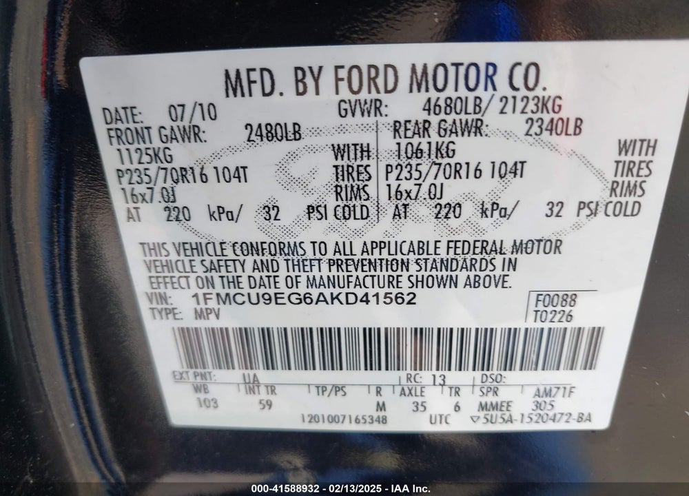 2010 FORD ESCAPE LIMITED VIN: 1FMCU9EG6AKD41562