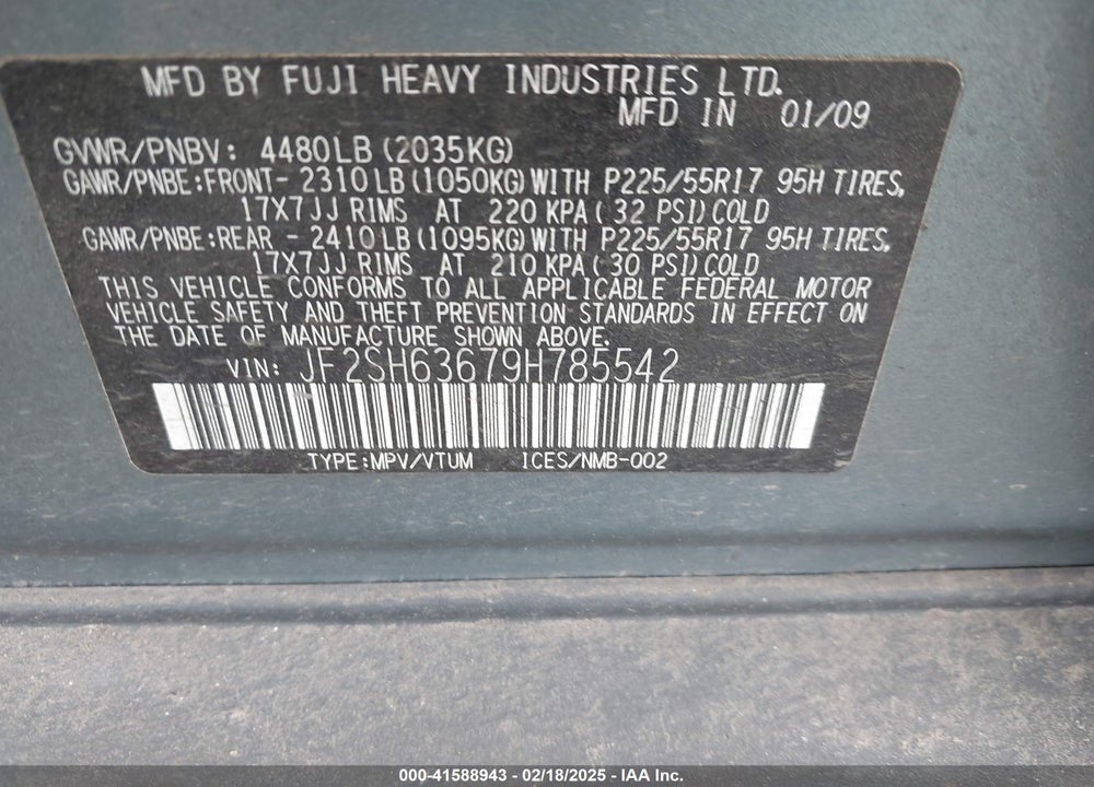 2009 SUBARU FORESTER 2.5X VIN: JF2SH63679H785542