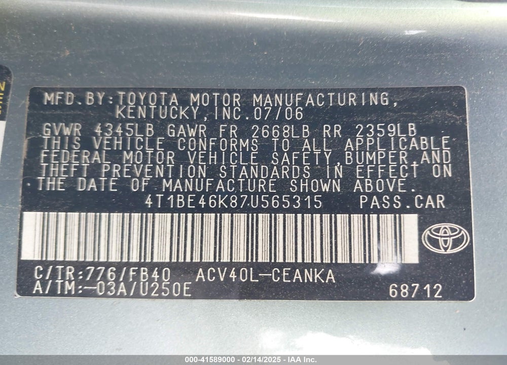 2007 TOYOTA CAMRY VIN: 4T1BE46K87U565315