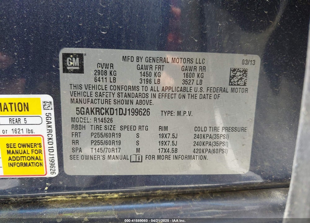 2013 BUICK ENCLAVE VIN: 5GAKRCKD1DJ199626