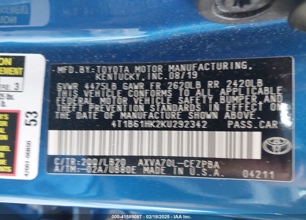2019 TOYOTA CAMRY VIN: 4T1B61HK2KU292342