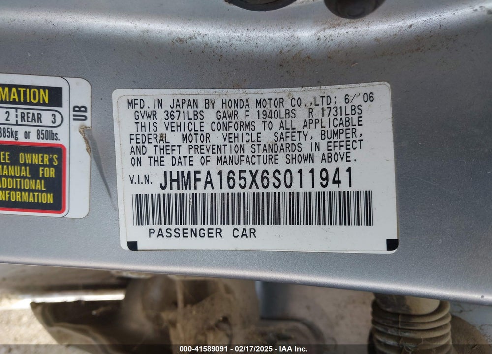 2006 HONDA CIVIC VIN: JHMFA165X6S011941