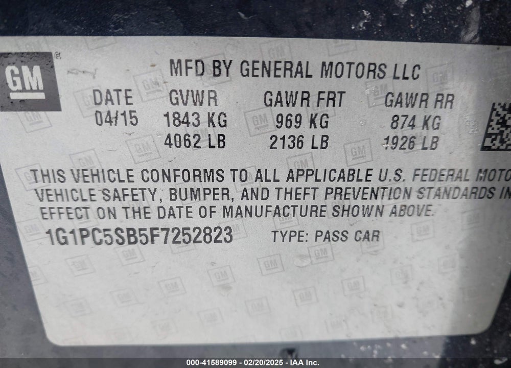 2015 CHEVROLET CRUZE VIN: 1G1PC5SB5F7252823