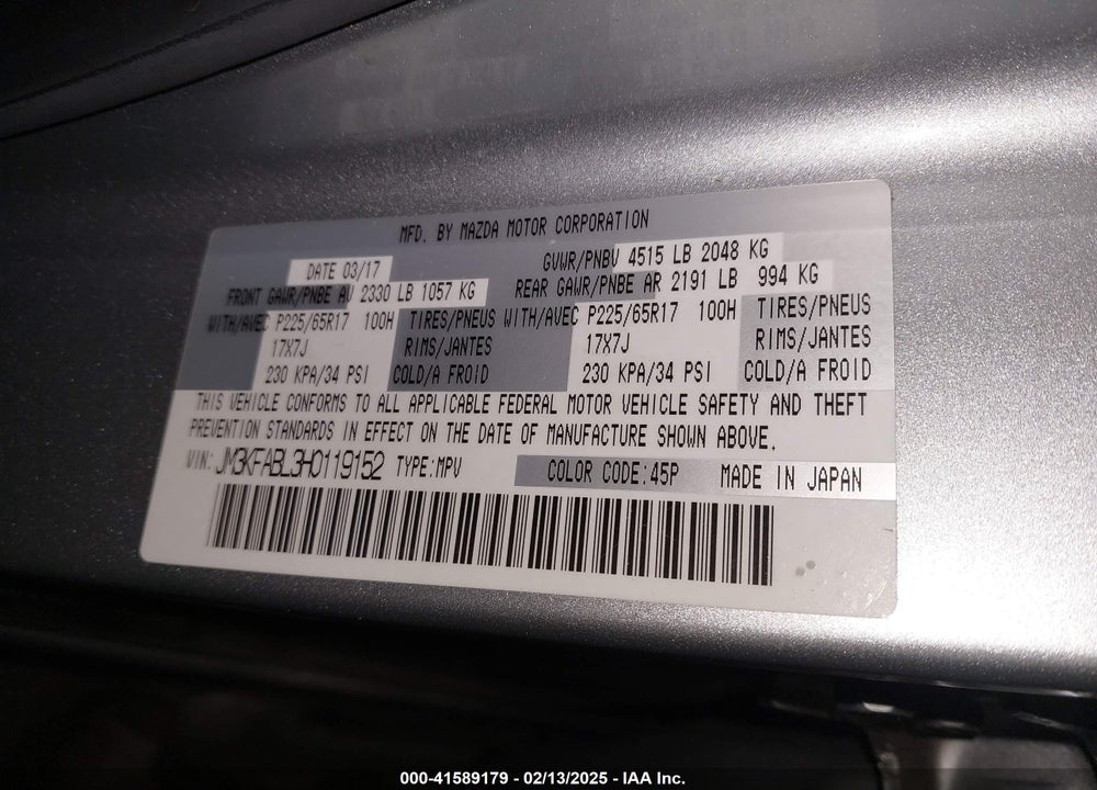 2017 MAZDA CX-5 SPORT VIN: JM3KFABL3H0119152