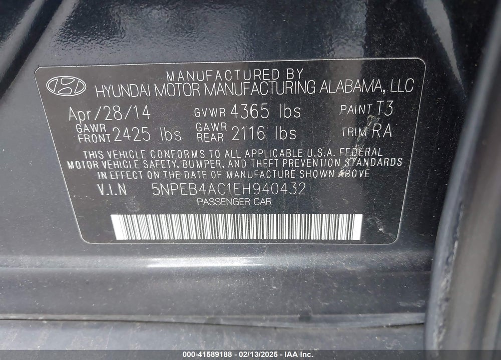 2014 HYUNDAI SONATA VIN: 5NPEB4AC1EH940432