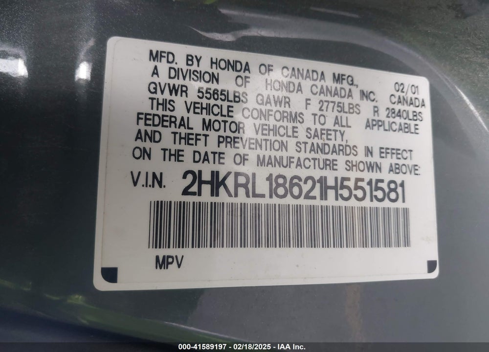 2001 HONDA ODYSSEY EX VIN: 2HKRL18621H551581