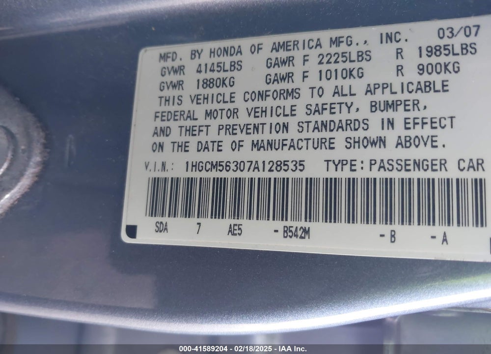 2007 HONDA ACCORD VIN: 1HGCM56307A128535
