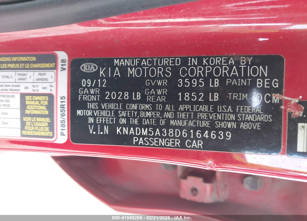 2013 KIA RIO VIN: KNADM5A38D6164639