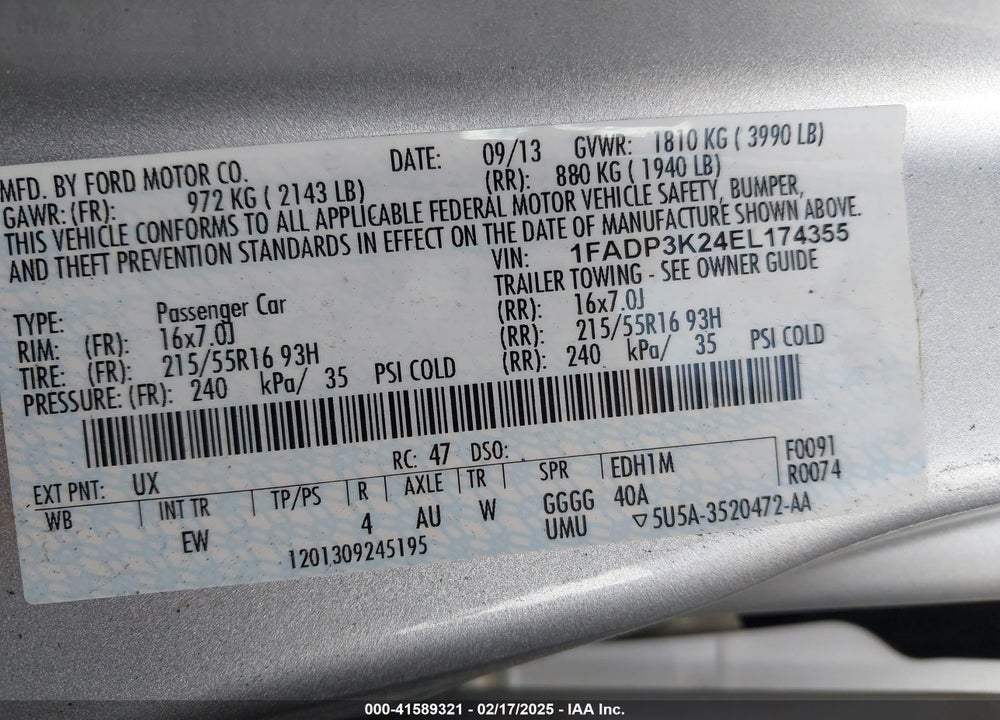 2014 FORD FOCUS VIN: 1FADP3K24EL174355