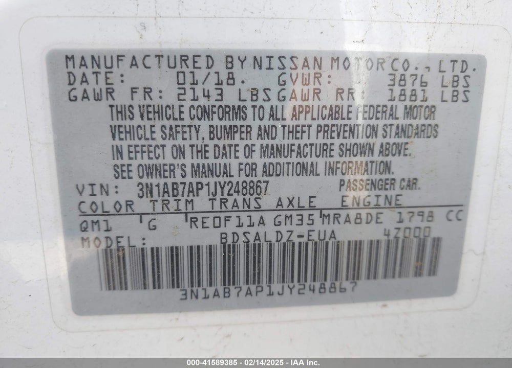 2018 NISSAN SENTRA VIN: 3N1AB7AP1JY248867