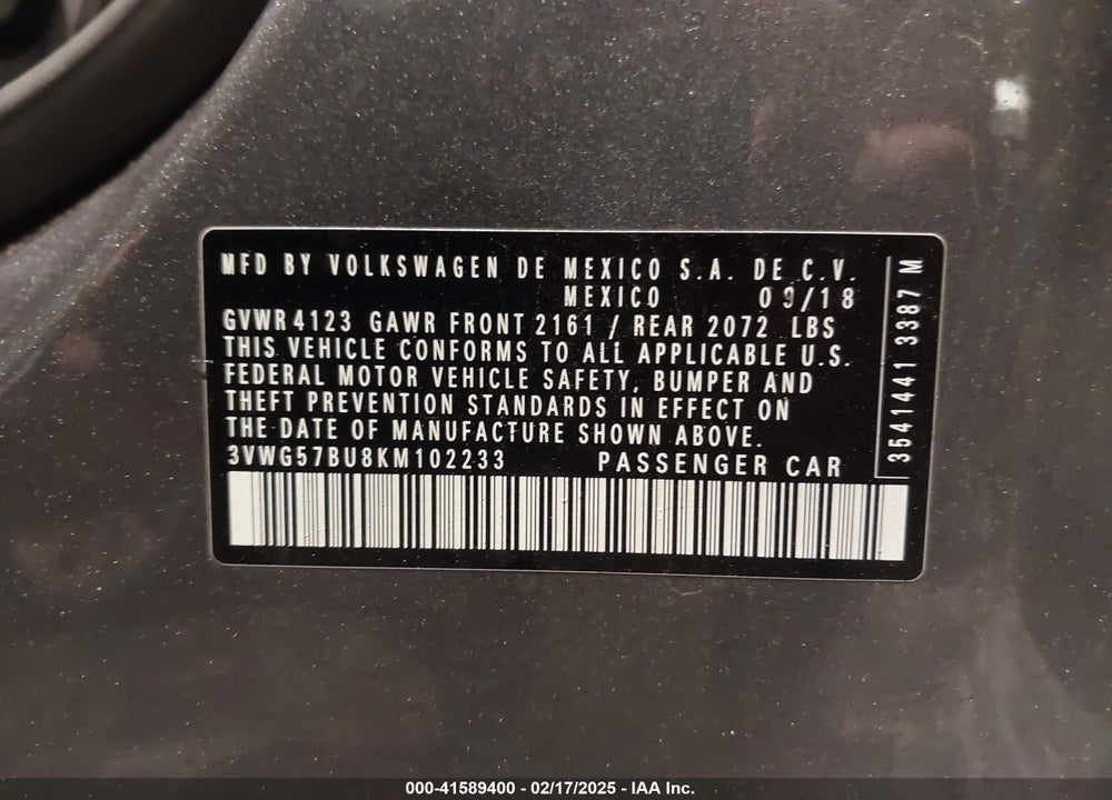 2019 VOLKSWAGEN JETTA VIN: 3VWG57BU8KM102233