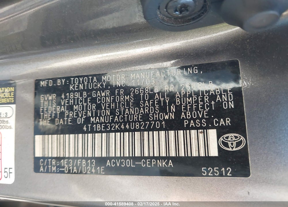 2004 TOYOTA CAMRY LE VIN: 4T1BE32K44U827701