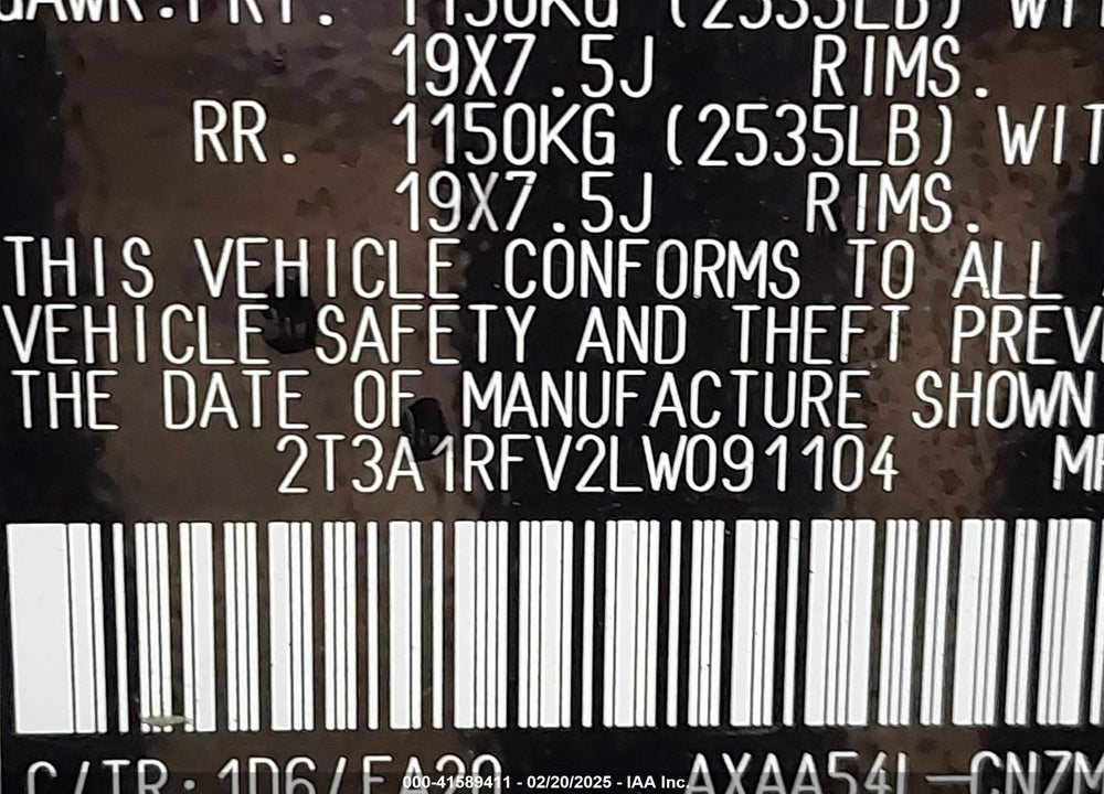2020 TOYOTA RAV4 VIN: 2T3A1RFV2LW091104