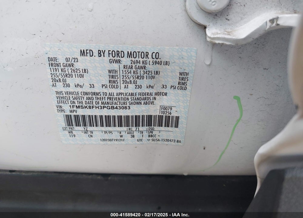 2023 FORD EXPLORER LIMITED VIN: 1FMSK8FH3PGB43083