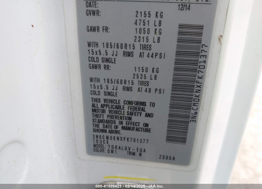 2015 NISSAN NV200 VIN: 3N6CM0KNXFK701377