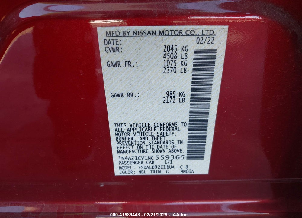 2022 NISSAN LEAF VIN: 1N4AZ1CV1NC559365