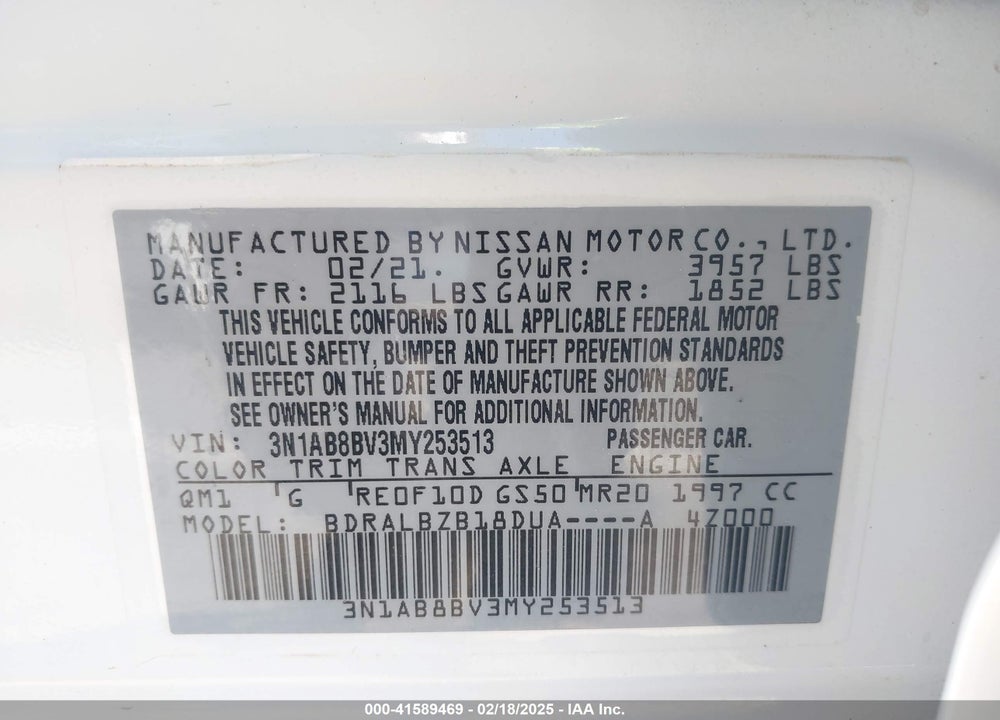 2021 NISSAN SENTRA VIN: 3N1AB8BV3MY253513