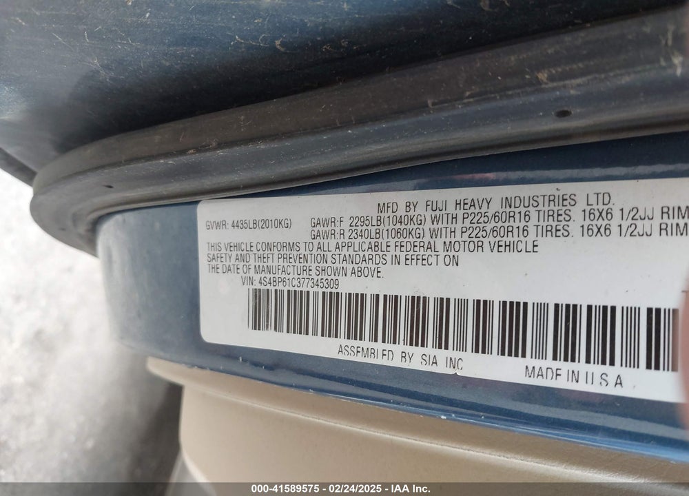 2007 SUBARU OUTBACK VIN: 4S4BP61C377345309