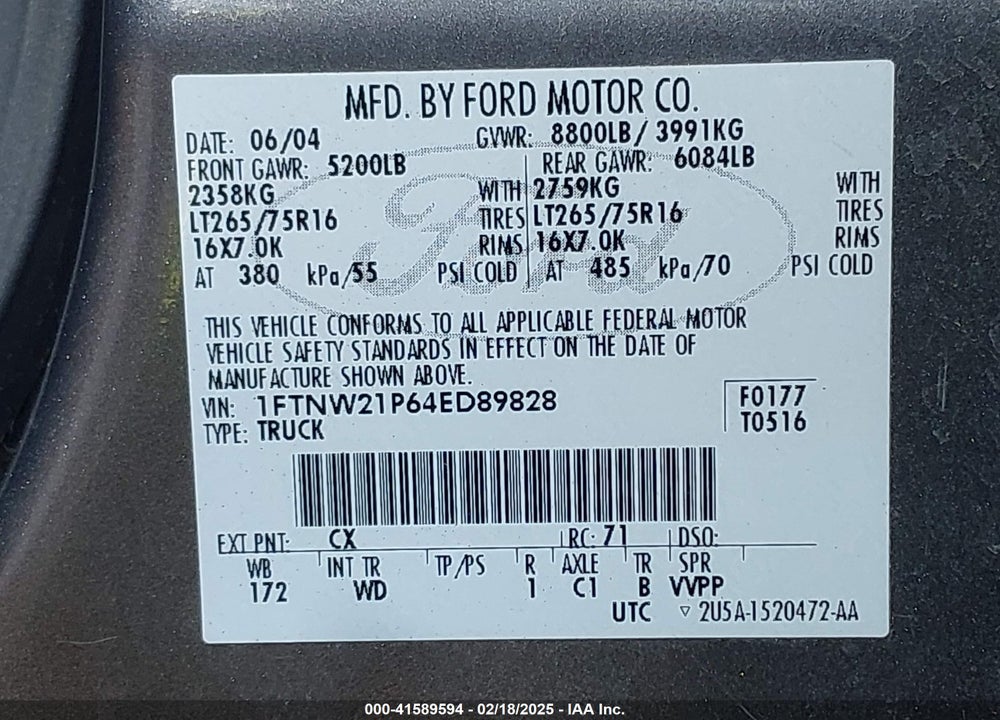 2004 FORD F-250 VIN: 1FTNW21P64ED89828