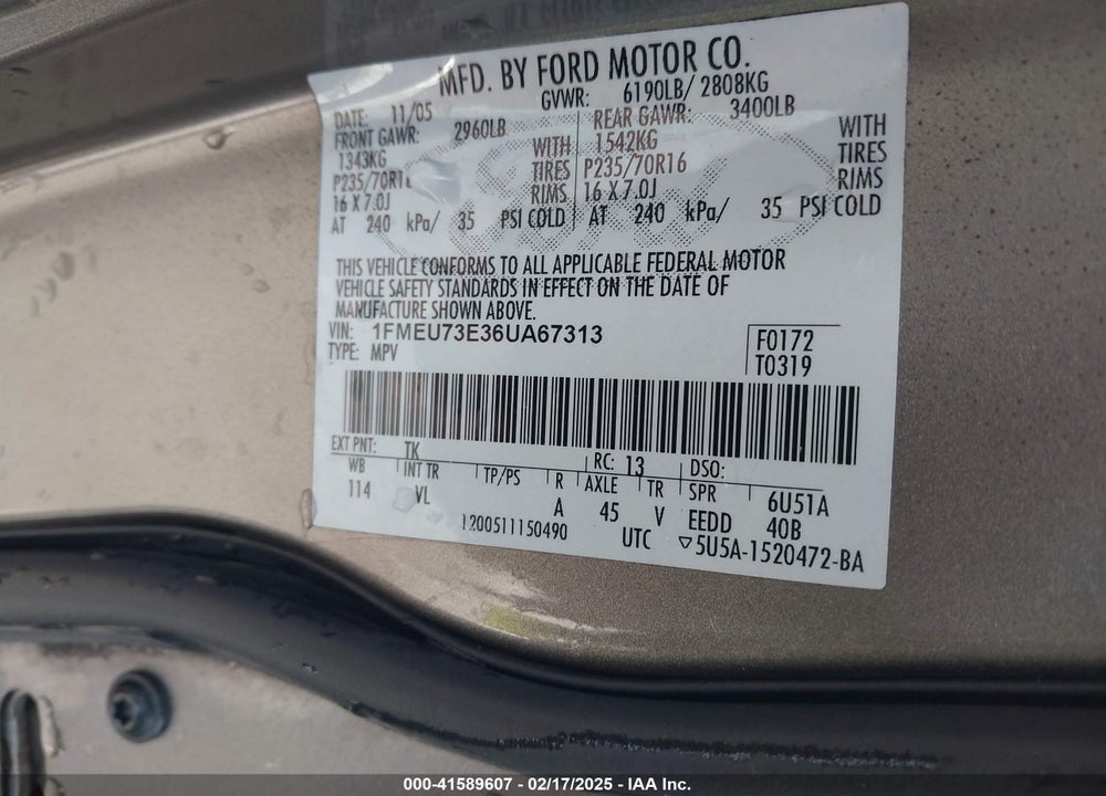 2006 FORD EXPLORER VIN: 1FMEU73E36UA67313