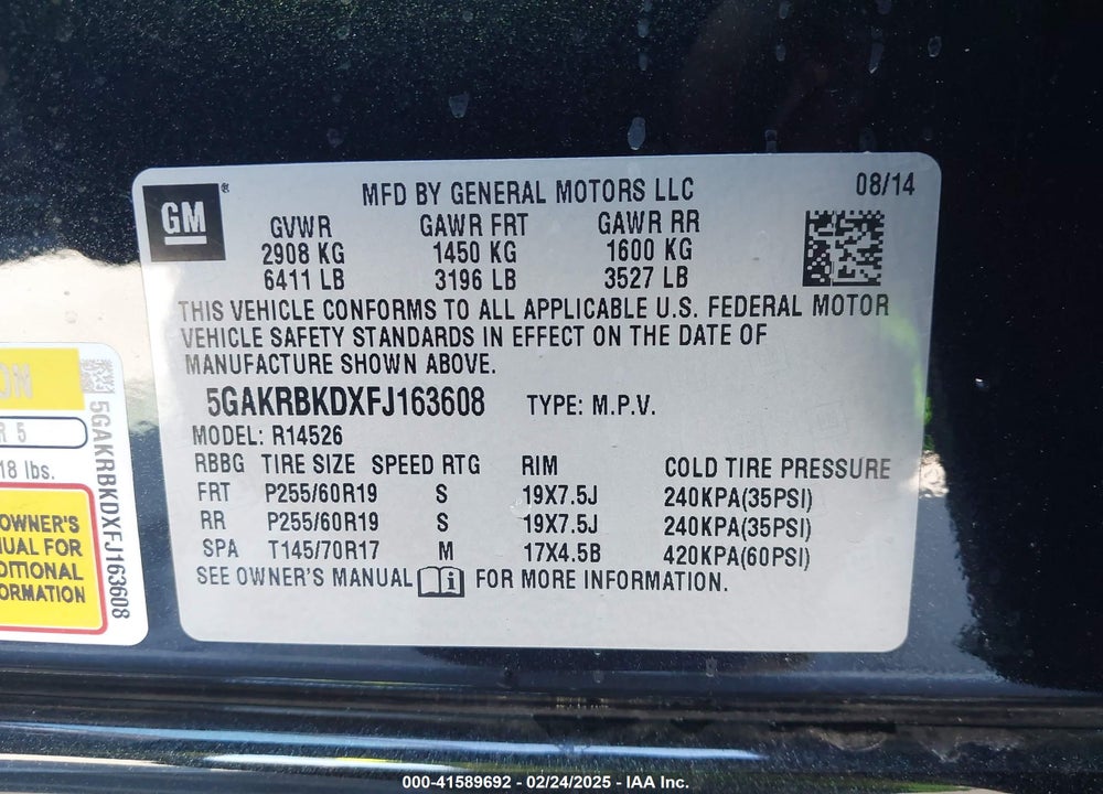 2015 BUICK ENCLAVE LEATHER VIN: 5GAKRBKDXFJ163608