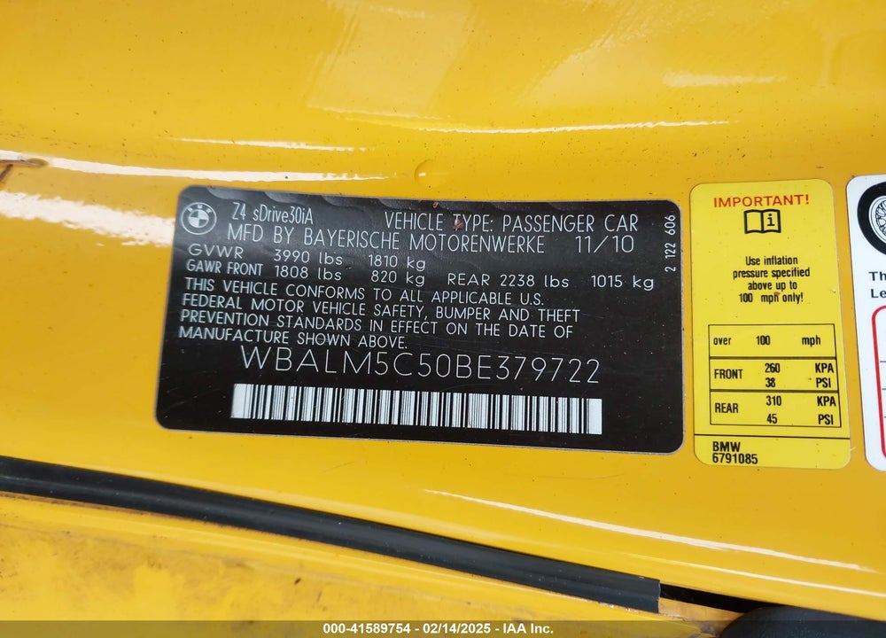2011 BMW Z4 SDRIVE30I VIN: WBALM5C50BE379722