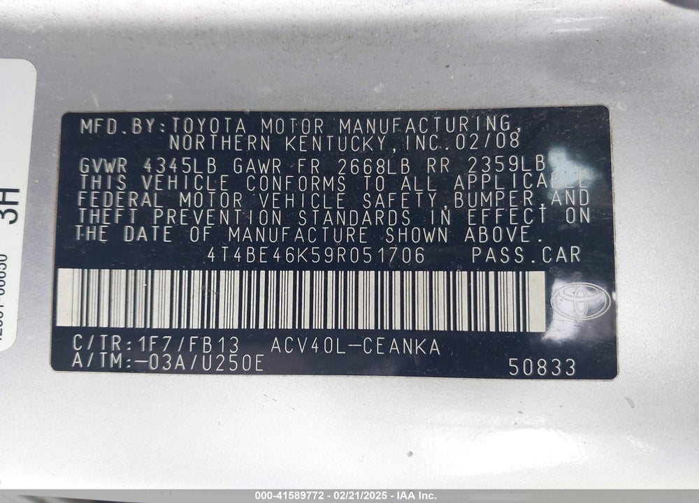 2009 TOYOTA CAMRY VIN: 4T4BE46K59R051706