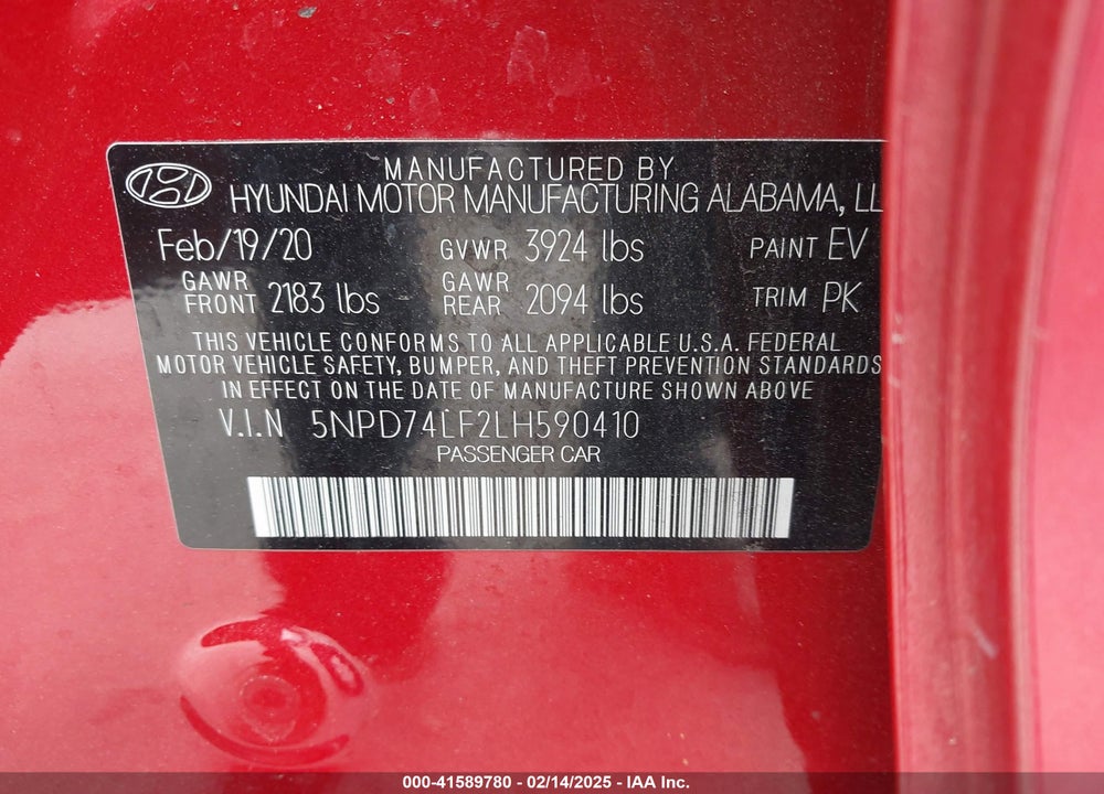 2020 HYUNDAI ELANTRA VIN: 5NPD74LF2LH590410