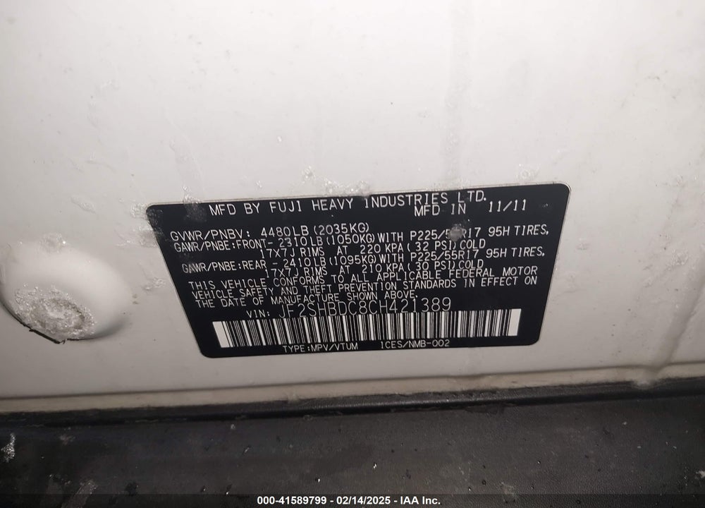 2012 SUBARU FORESTER 2.5X PREMIUM VIN: JF2SHBDC8CH421389