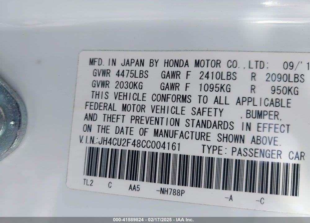 2012 ACURA TSX 2.4 VIN: JH4CU2F48CC004161