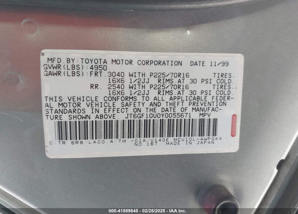 2000 LEXUS RX 300 VIN: JT6GF10U0Y0055671