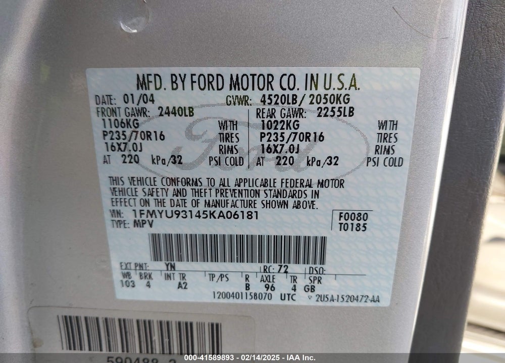 2005 FORD ESCAPE VIN: 1FMYU93145KA06181