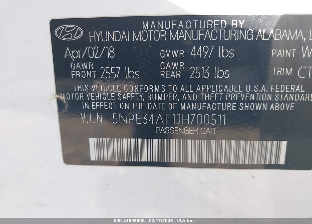 2018 HYUNDAI SONATA VIN: 5NPE34AF1JH700511