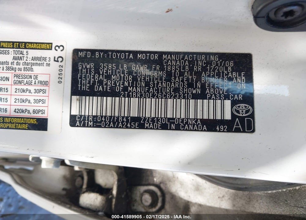 2006 TOYOTA COROLLA LE VIN: 2T1BR30E26C623310