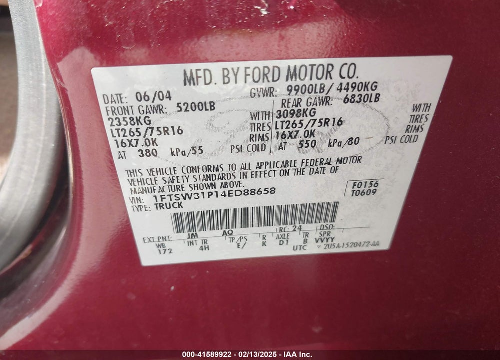 2004 FORD F-350 LARIAT/XL/XLT VIN: 1FTSW31P14ED88658