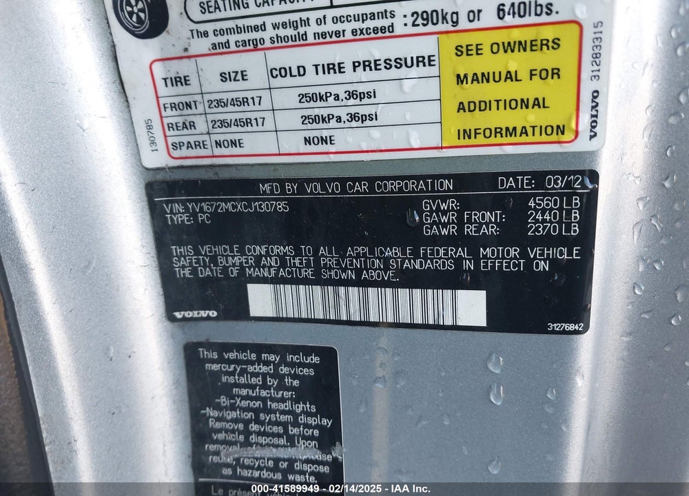 2012 VOLVO C70 VIN: YV1672MCXCJ130785