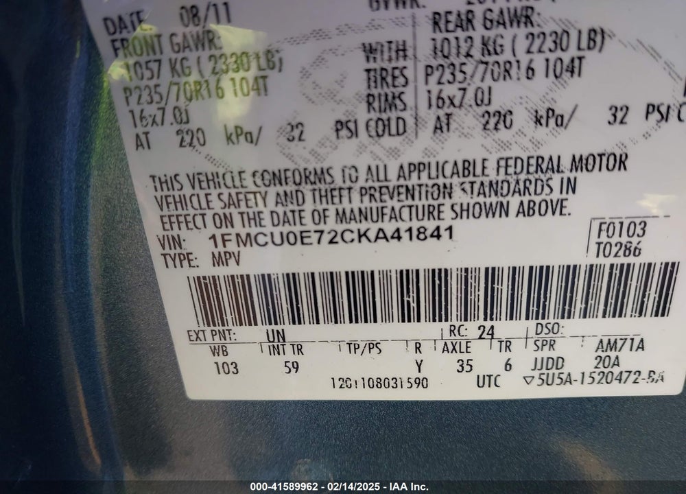 2012 FORD ESCAPE VIN: 1FMCU0E72CKA41841