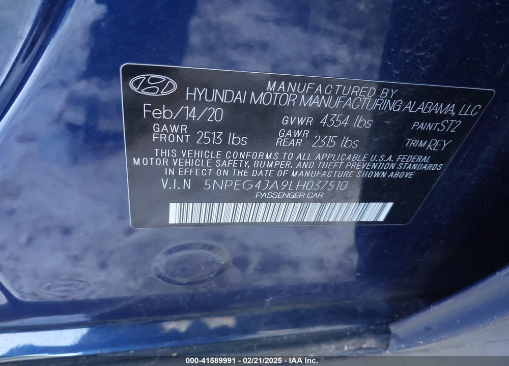 2020 HYUNDAI SONATA VIN: 5NPEG4JA9LH037510